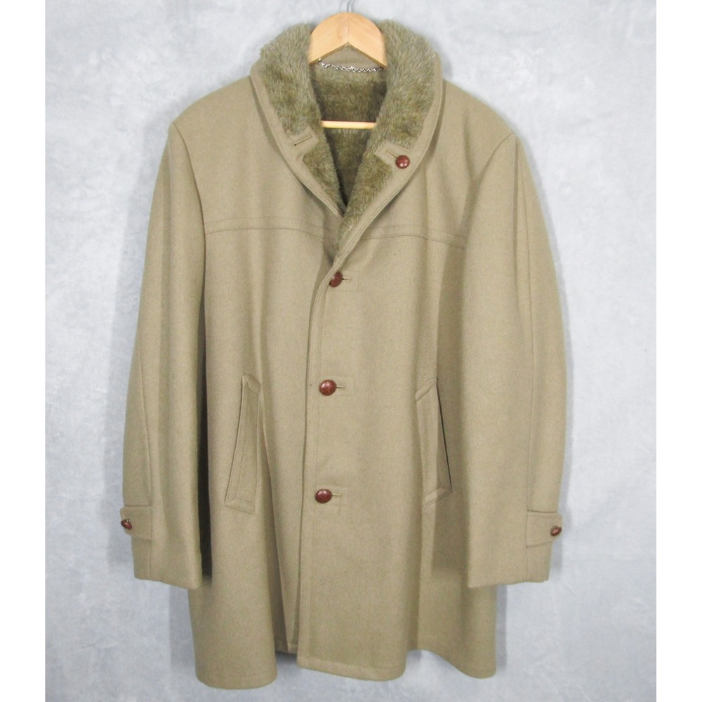 Great Western Mens Jacket Size 42 Large Tan Wool Blend Faux Fur Overcoat